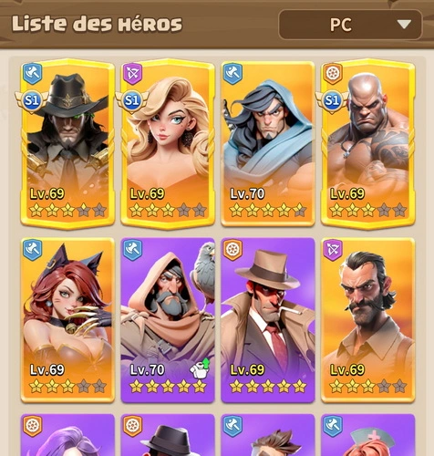 les héros Représentation des héros violet et jaune de dark war survival